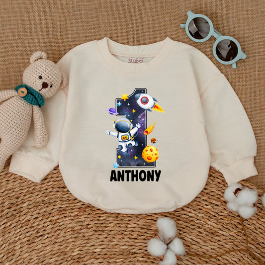 Personalized Astronaut 1st Birthday Sweatshirt Bubble Romper Galaxy Print Baby Smash Cake Outfit Space Theme Bodysuit Gift