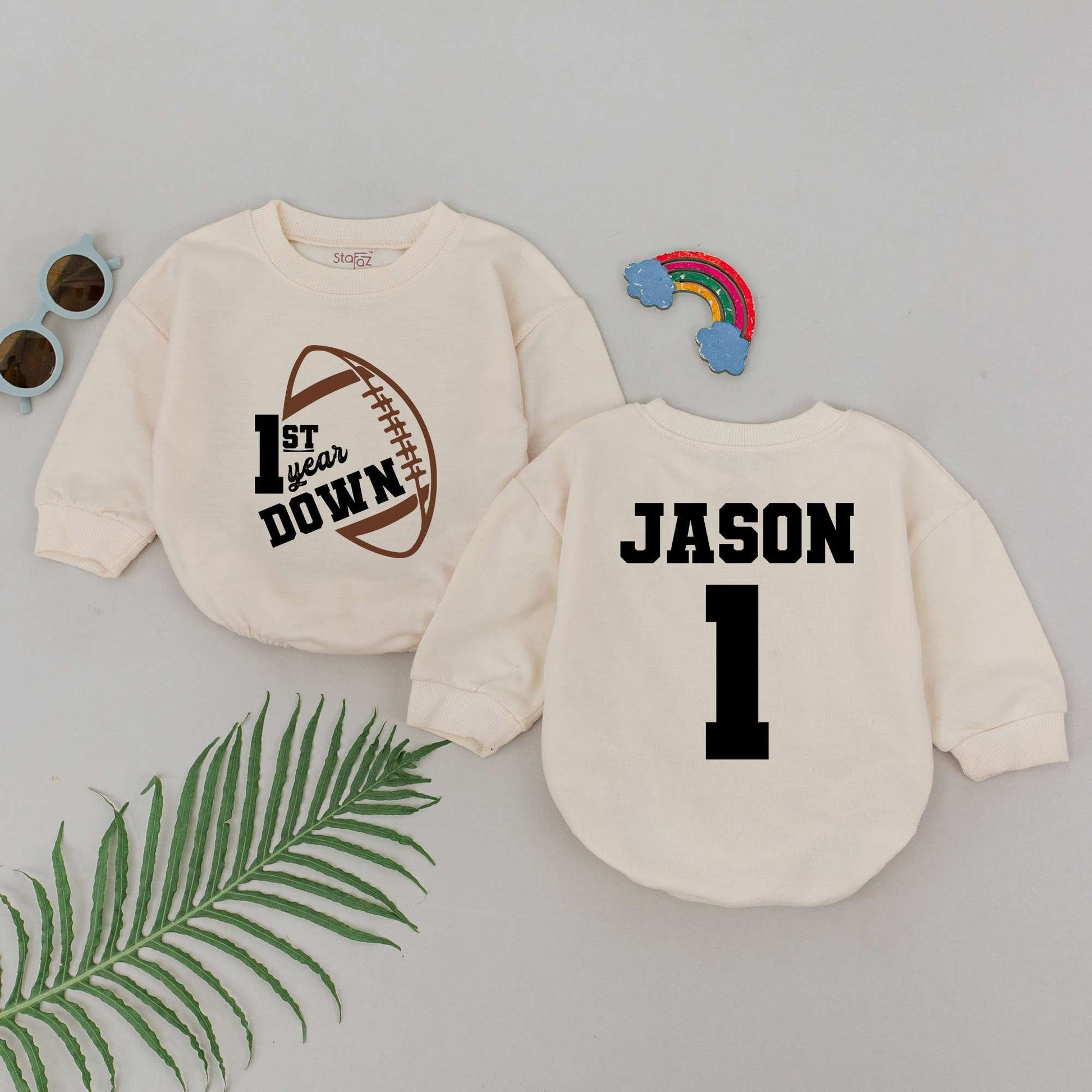 Personalized 1st Year Down Football Birthday Romper for Boys Custom Name Jason and Number 1 Sports Jersey Style Baby Clothes