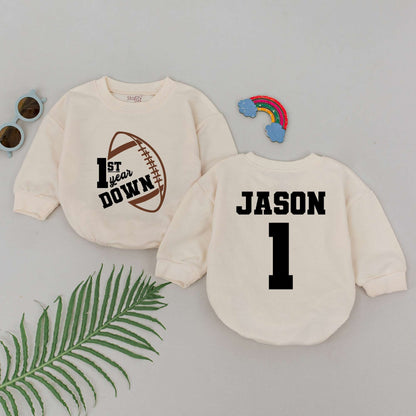 Personalized 1st Year Down Football Birthday Romper for Boys Custom Name Jason and Number 1 Sports Jersey Style Baby Clothes