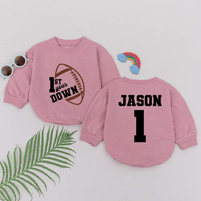 Personalized 1st Year Down Football Birthday Romper for Boys Custom Name Jason and Number 1 Sports Jersey Style Baby Clothes