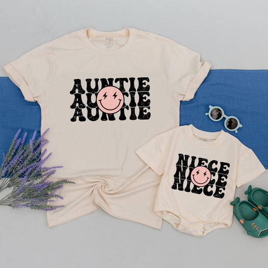 Personalized Retro Auntie Niece Matching Shirts Distressed Stacked Black Lettering Pink Smiley Lightning Face Boho Tee Aunt Bestie Nephew Gift