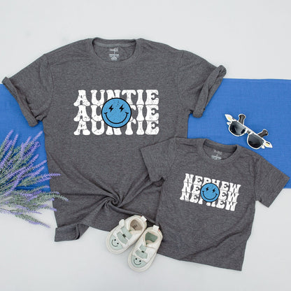 Personalized Retro Auntie and Me Shirt with 70s Smiley Face Design, Vintage Distressed Bold Black Font Tee, Best Aunt Gift for Nephew Niece