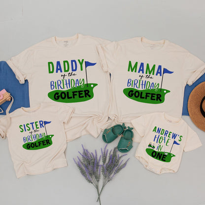 Matching Family Golfer Birthday Shirts Mom Dad Son Daughter Hole in One First Birthday Party Tee Green Blue Golf Outfit