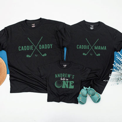 Personalized Family Matching Golf Birthday Shirts for Dad Mom & Baby Boy First Hole in One Party Muted Green Modern Tee