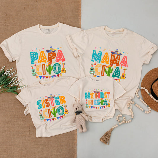 My First Fiesta Birthday Shirt Family Matching Outfits Mama Papa Cinco Abuela Mexican Theme Baby Bodysuit Colorful Sombrero Cactus Guitar Design