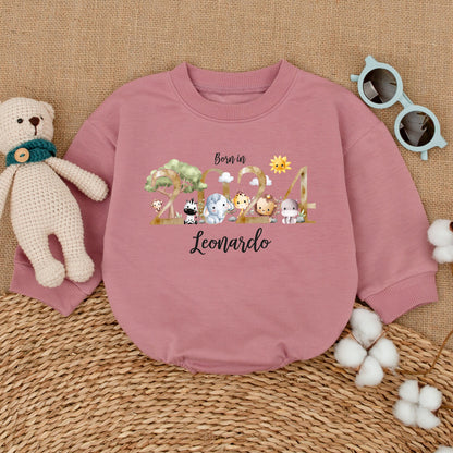 Personalized Born in 2024 Safari Baby Romper Bodysuit Whimsical Animal Newborn Sleepsuit Bubble Coming Home Shower Gift