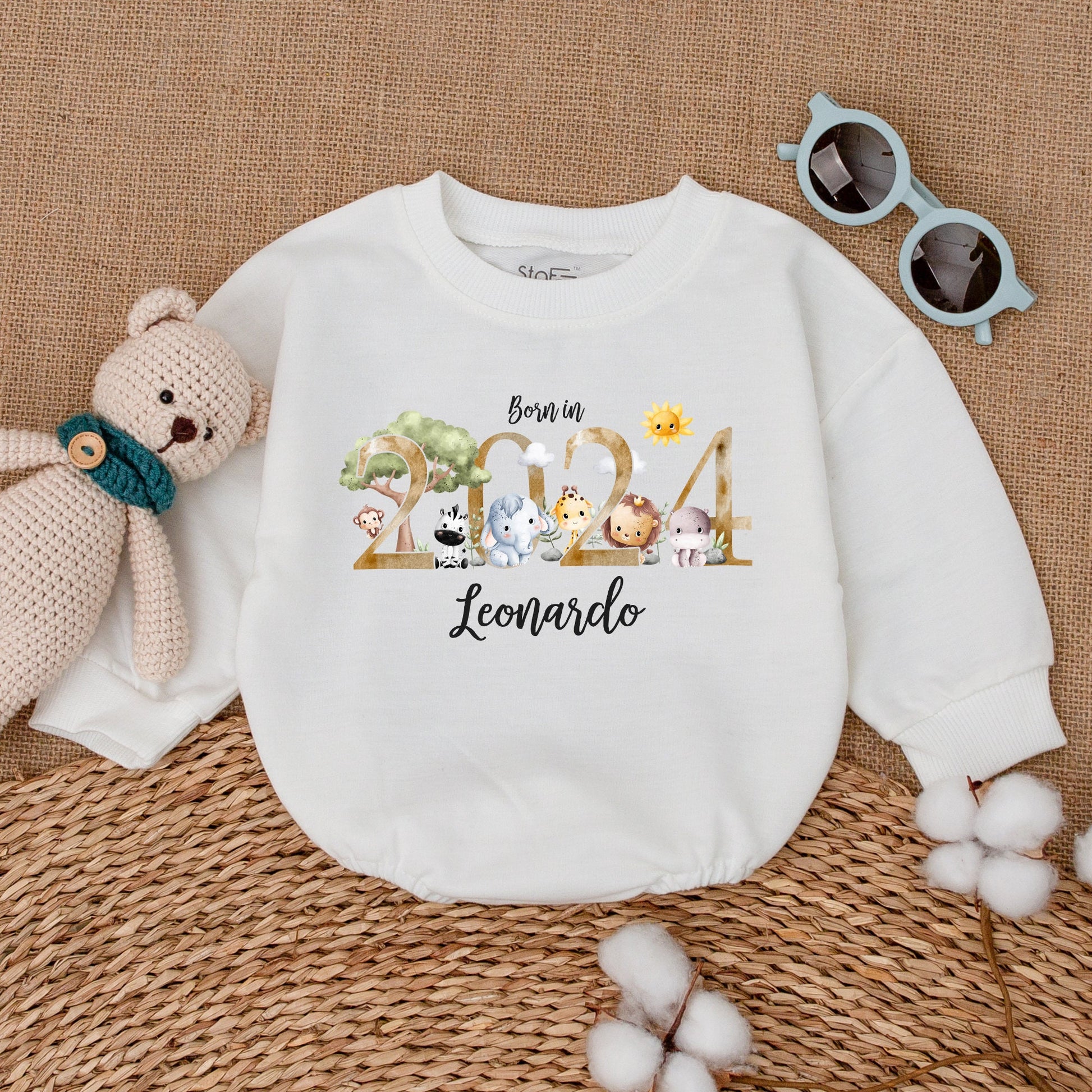Personalized Born in 2024 Safari Baby Romper Bodysuit Whimsical Animal Newborn Sleepsuit Bubble Coming Home Shower Gift