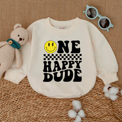 One Happy Dude Baby Boy Romper Smiley Face Lightning Birthday Outfit First Birthday Cake Smash Cool Retro Checkered Yellow Infant Toddler Celebration Gift