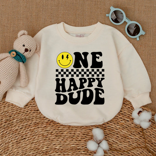 One Happy Dude Baby Boy Romper Smiley Face Lightning Birthday Outfit First Birthday Cake Smash Cool Retro Checkered Yellow Infant Toddler Celebration Gift
