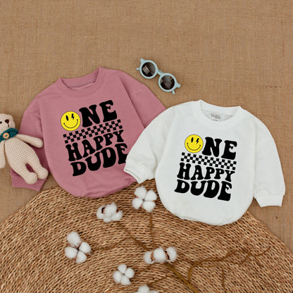 One Happy Dude Baby Boy Romper Smiley Face Lightning Birthday Outfit First Birthday Cake Smash Cool Retro Checkered Yellow Infant Toddler Celebration Gift