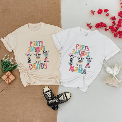 Party Animal Birthday Family Matching Shirts Rompers with Wild Safari Zoo Animals Colorful Cartoon Playful Design for Parents Kids