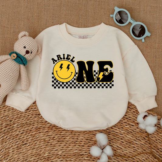 Personalized One Happy Dude Birthday Romper Smiley Face Outfit First Birthday Cake Smash Bodysuit Baby Boy Retro Yellow Design