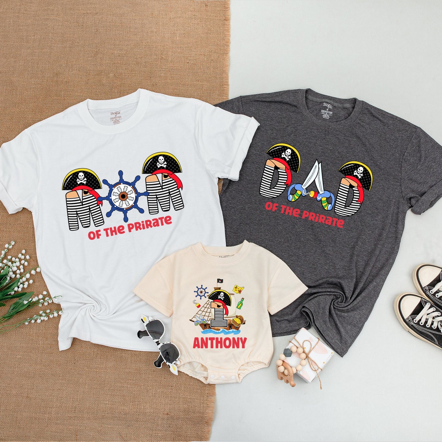 Personalized Pirate First Birthday Family Matching Shirts for Mom Dad Son Baby Boy Romper with Skull & Crossbones Design