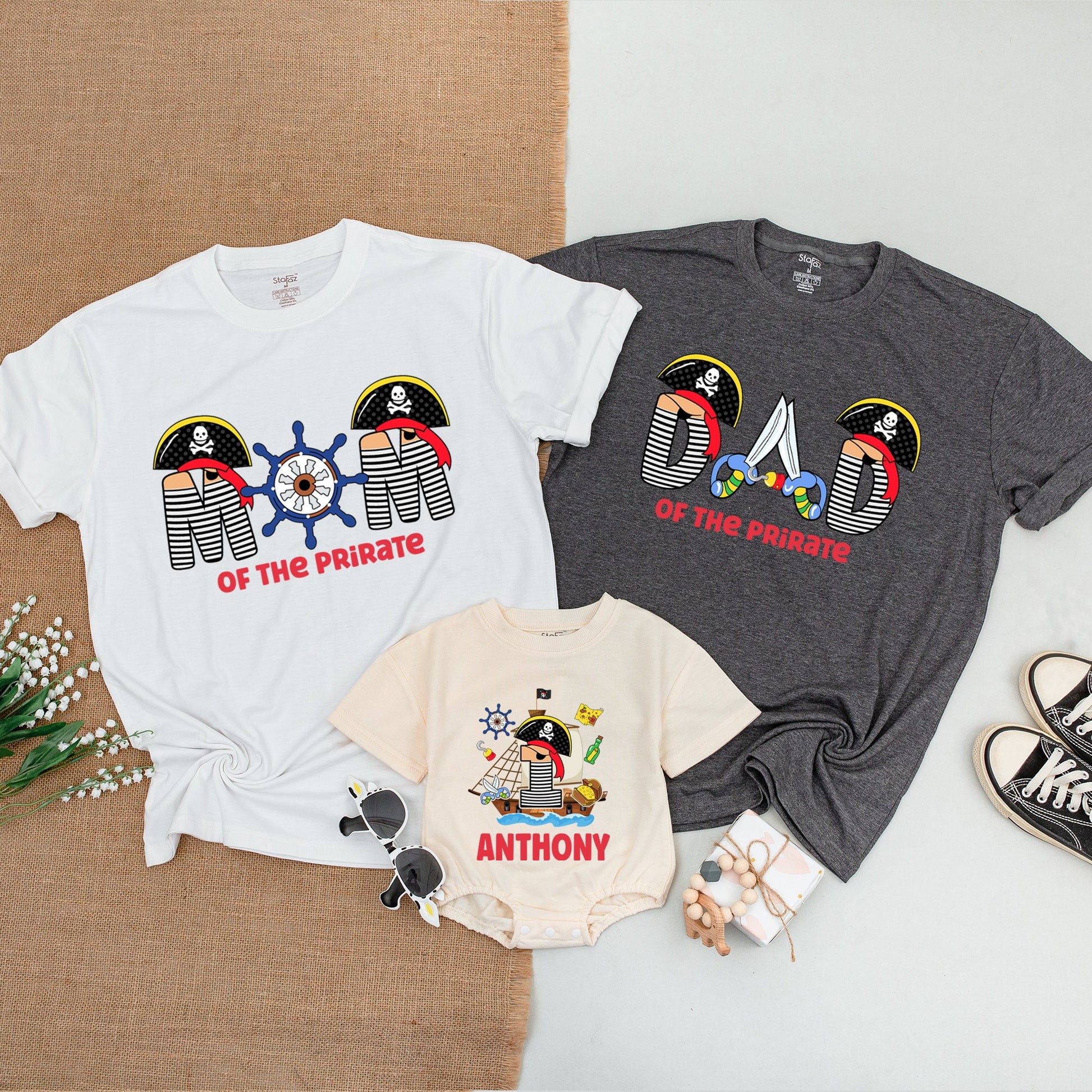 Personalized Pirate First Birthday Family Matching Shirts for Mom Dad Son Baby Boy Romper with Skull & Crossbones Design