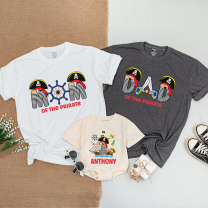 Personalized Pirate First Birthday Family Matching Shirts for Mom Dad Son Baby Boy Romper with Skull & Crossbones Design