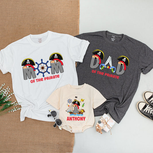 Personalized Pirate First Birthday Family Matching Shirts for Mom Dad Son Baby Boy Romper with Skull & Crossbones Design