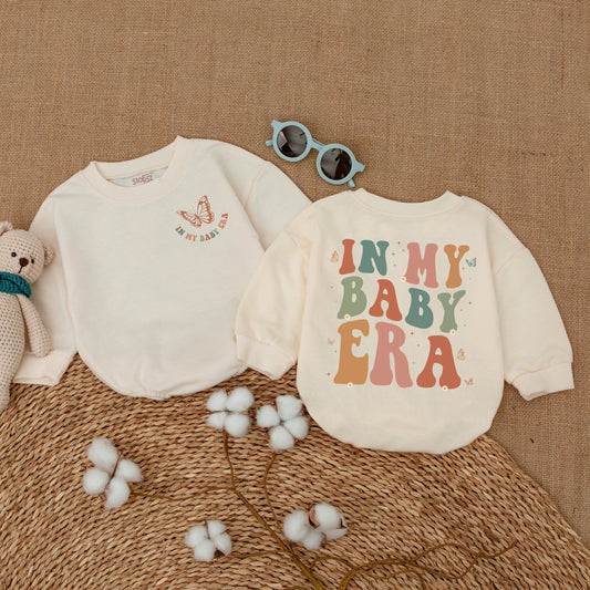 In My Baby Era" Retro Wavy Baby Girl Romper Bodysuit with Butterflies and Daisies Newborn Bubble Outfit Soft Vintage Style Baby Shower Gift
