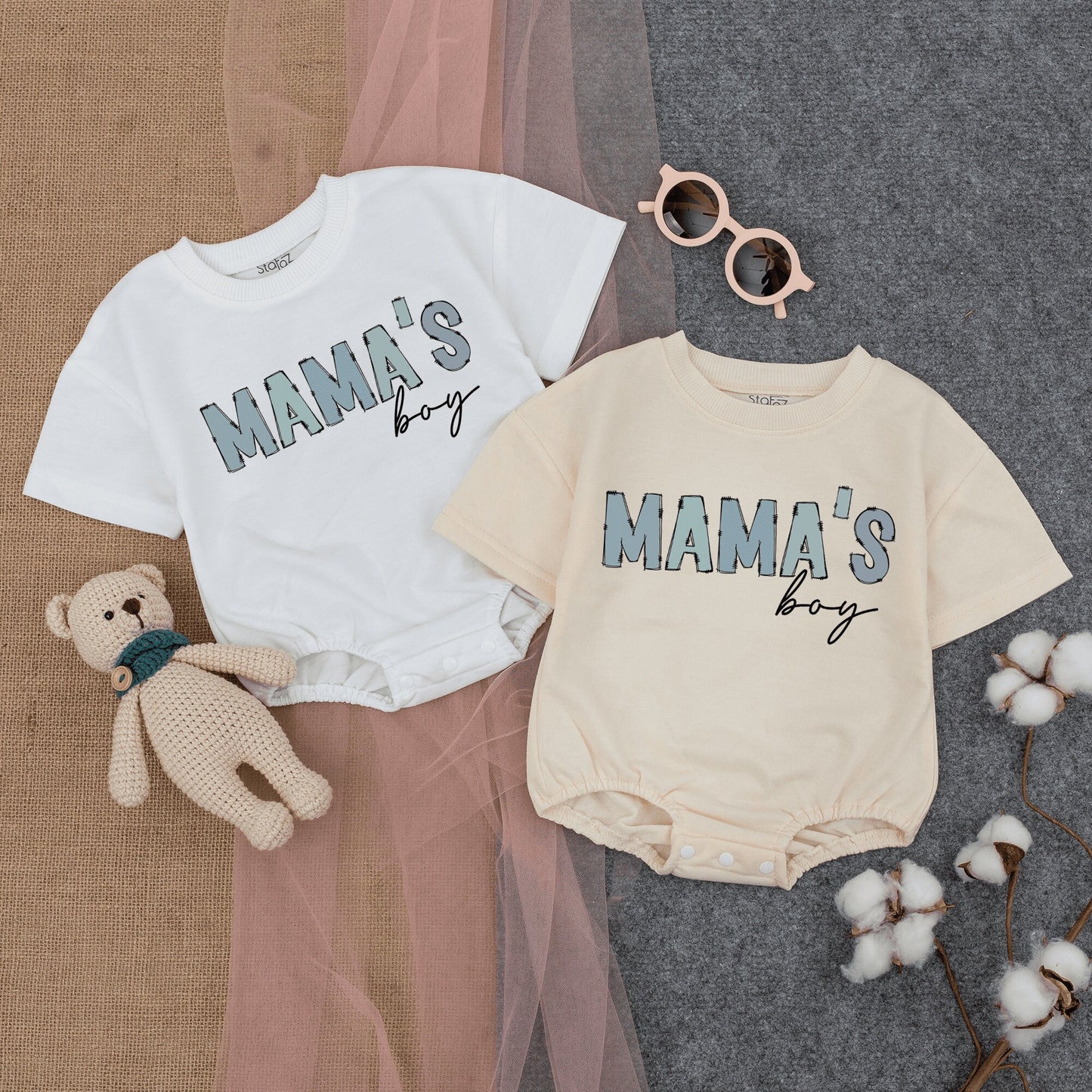 Mama's Boy Bubble Romper Short Sleeve Baby T-Shirt Outfit with Playful Light Blue Sketched Vintage Style, Newborn Gift Mother's Day