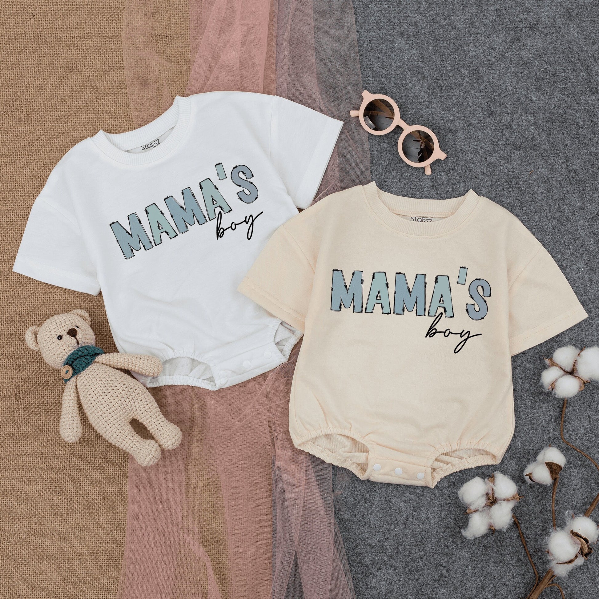 Mama's Boy Bubble Romper Short Sleeve Baby T-Shirt Outfit with Playful Light Blue Sketched Vintage Style, Newborn Gift Mother's Day