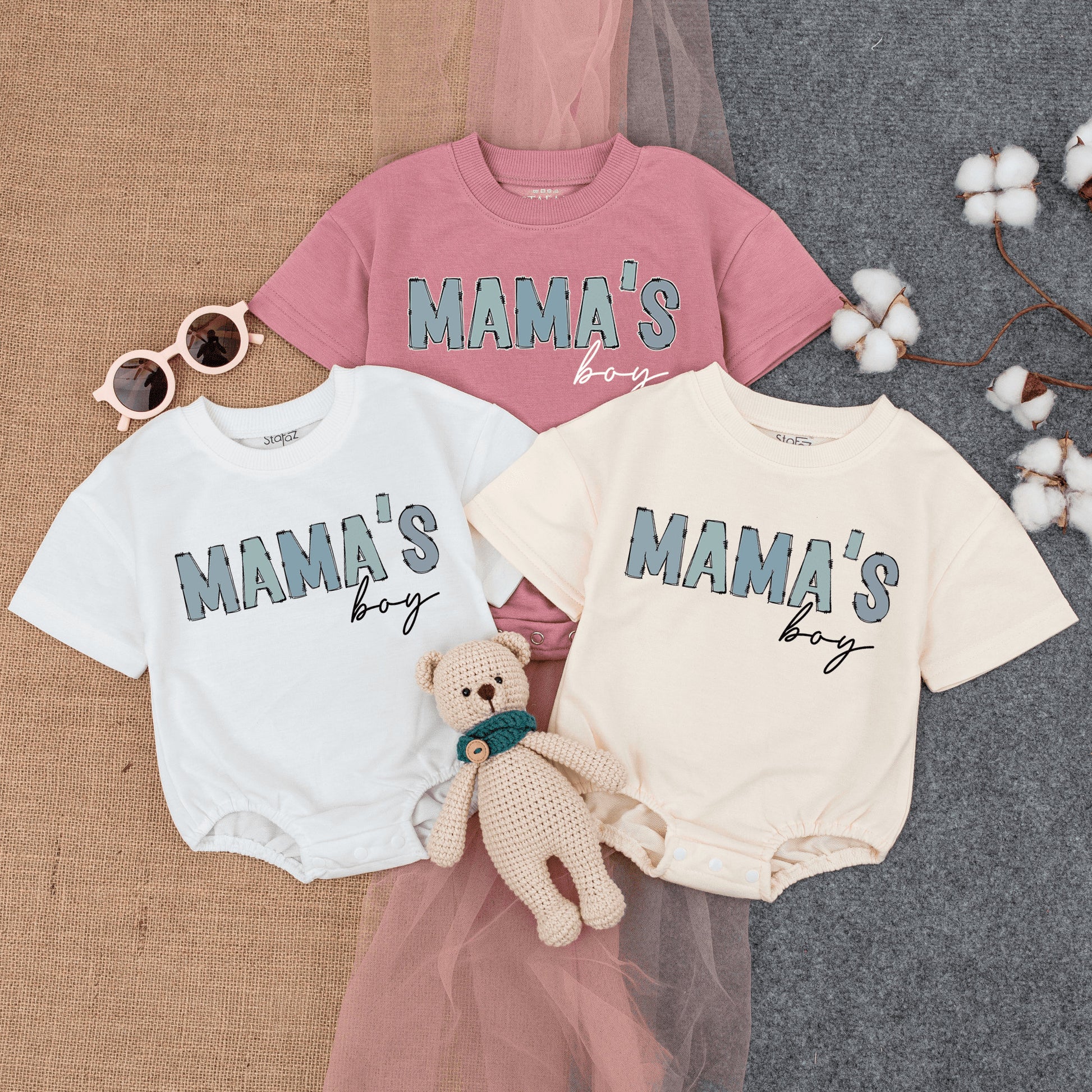 Mama's Boy Bubble Romper Short Sleeve Baby T-Shirt Outfit with Playful Light Blue Sketched Vintage Style, Newborn Gift Mother's Day