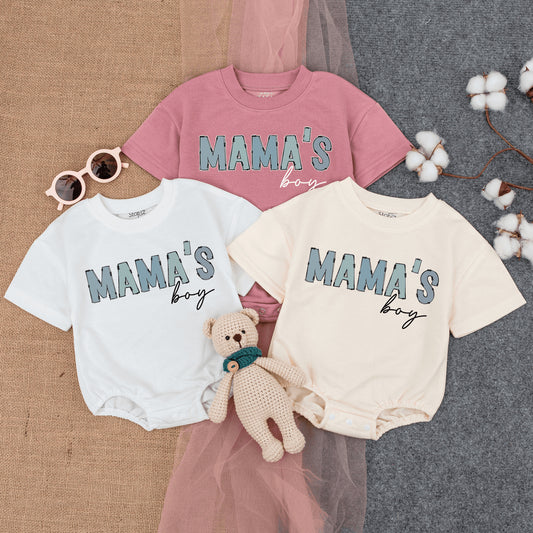 Mama's Boy Bubble Romper Short Sleeve Baby T-Shirt Outfit with Playful Light Blue Sketched Vintage Style, Newborn Gift Mother's Day