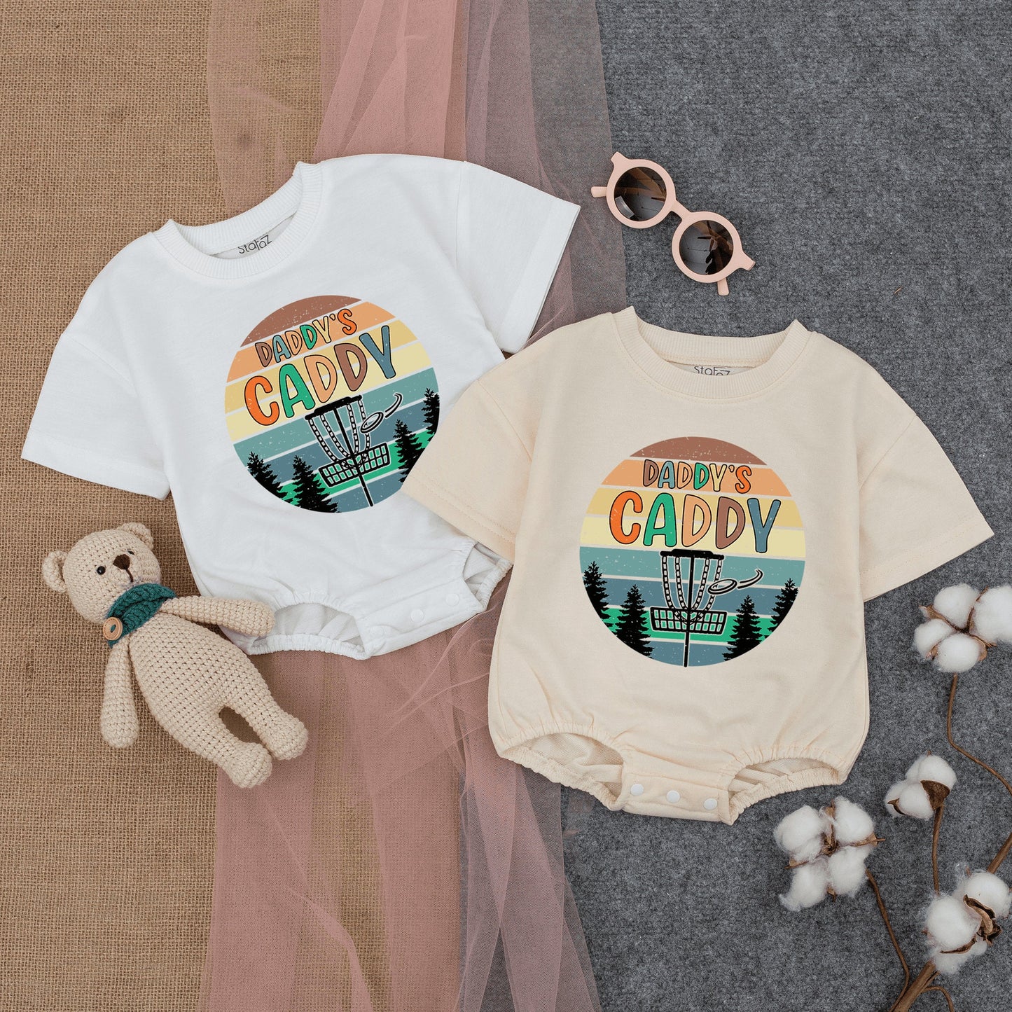 Retro Daddy's Caddy Disc Golf Baby Boy Bodysuit Vintage Sunset Striped Design Newborn Gameday Outfit Evergreen Trees Summer Baby Shower Gift