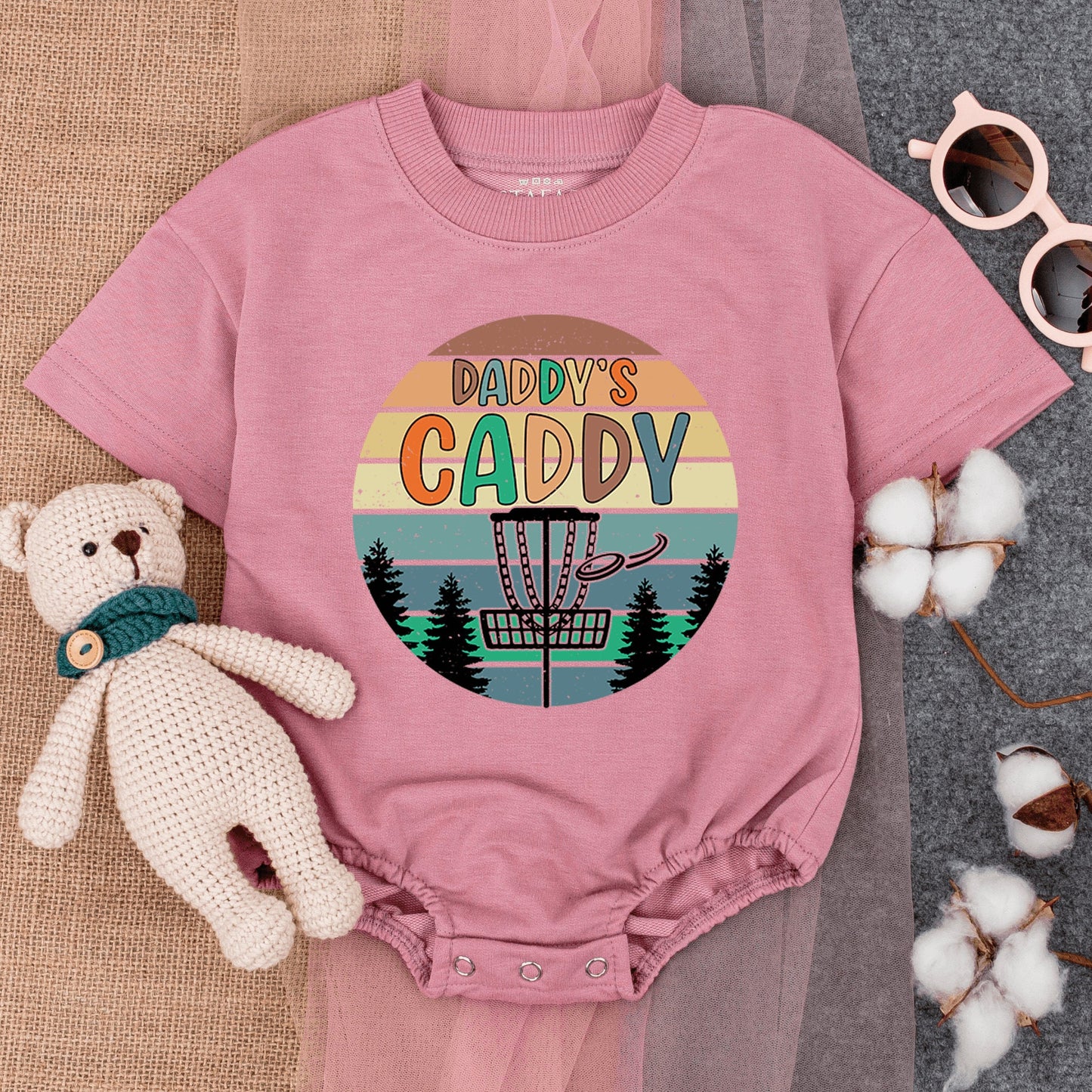 Retro Daddy's Caddy Disc Golf Baby Boy Bodysuit Vintage Sunset Striped Design Newborn Gameday Outfit Evergreen Trees Summer Baby Shower Gift