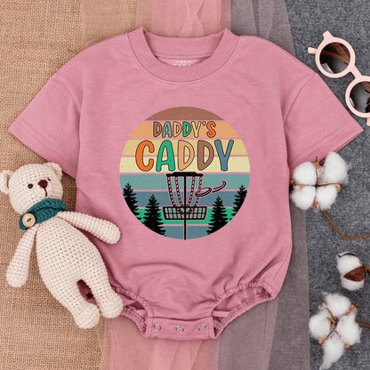 Retro Daddy's Caddy Disc Golf Baby Boy Bodysuit Vintage Sunset Striped Design Newborn Gameday Outfit Evergreen Trees Summer Baby Shower Gift