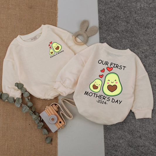 Personalized First Mother's Day 2024 Baby Romper featuring Cute Mother Baby Avocado Cartoon Design Soft Infant Bodysuit Gift
