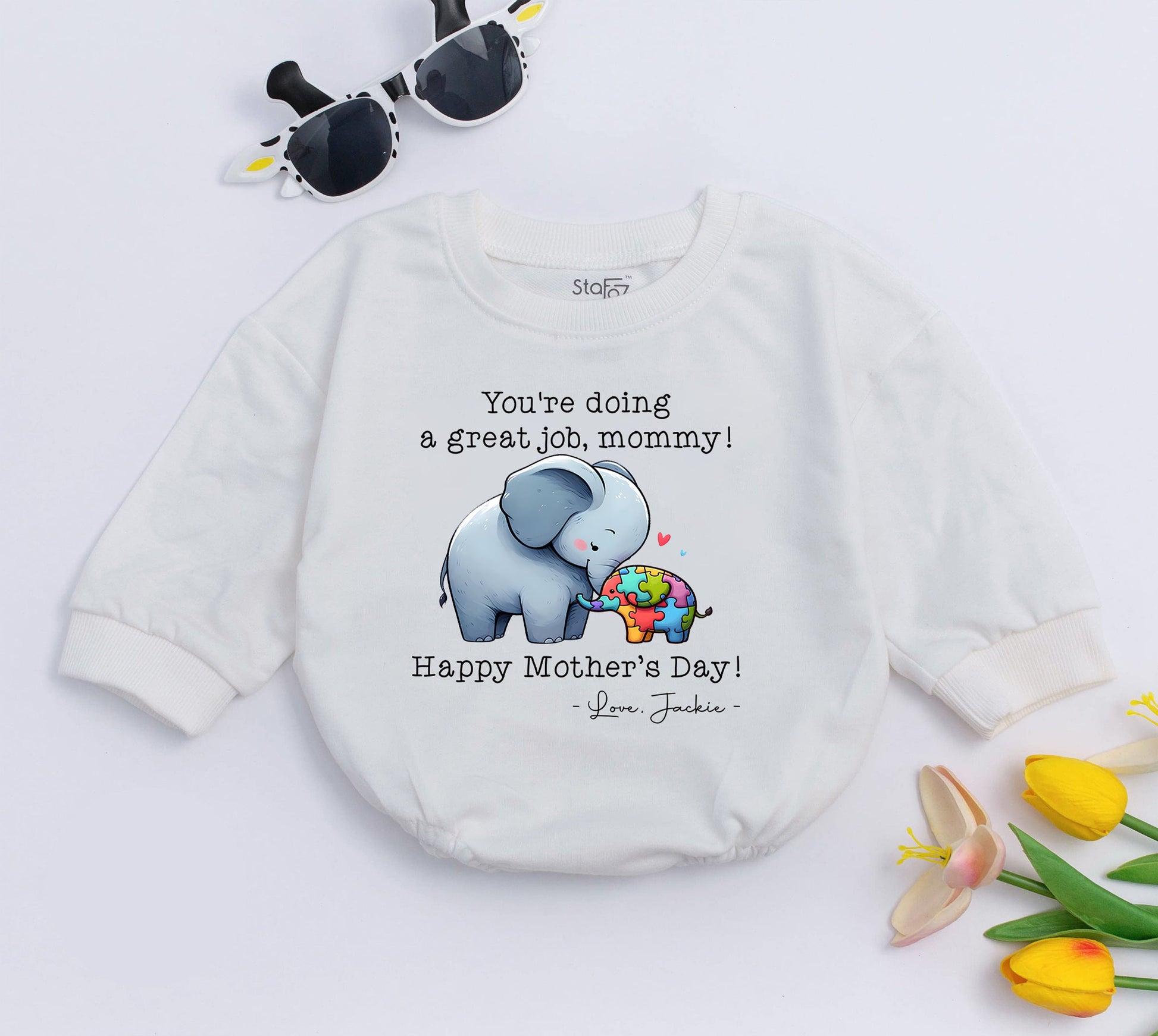 Personalized Mother's Day Elephant Bubble Romper Baby Bodysuit Gift "You're Doing A Great Job Mommy" Colorful Puzzle Design Autism Awareness Cute Infant Outfit