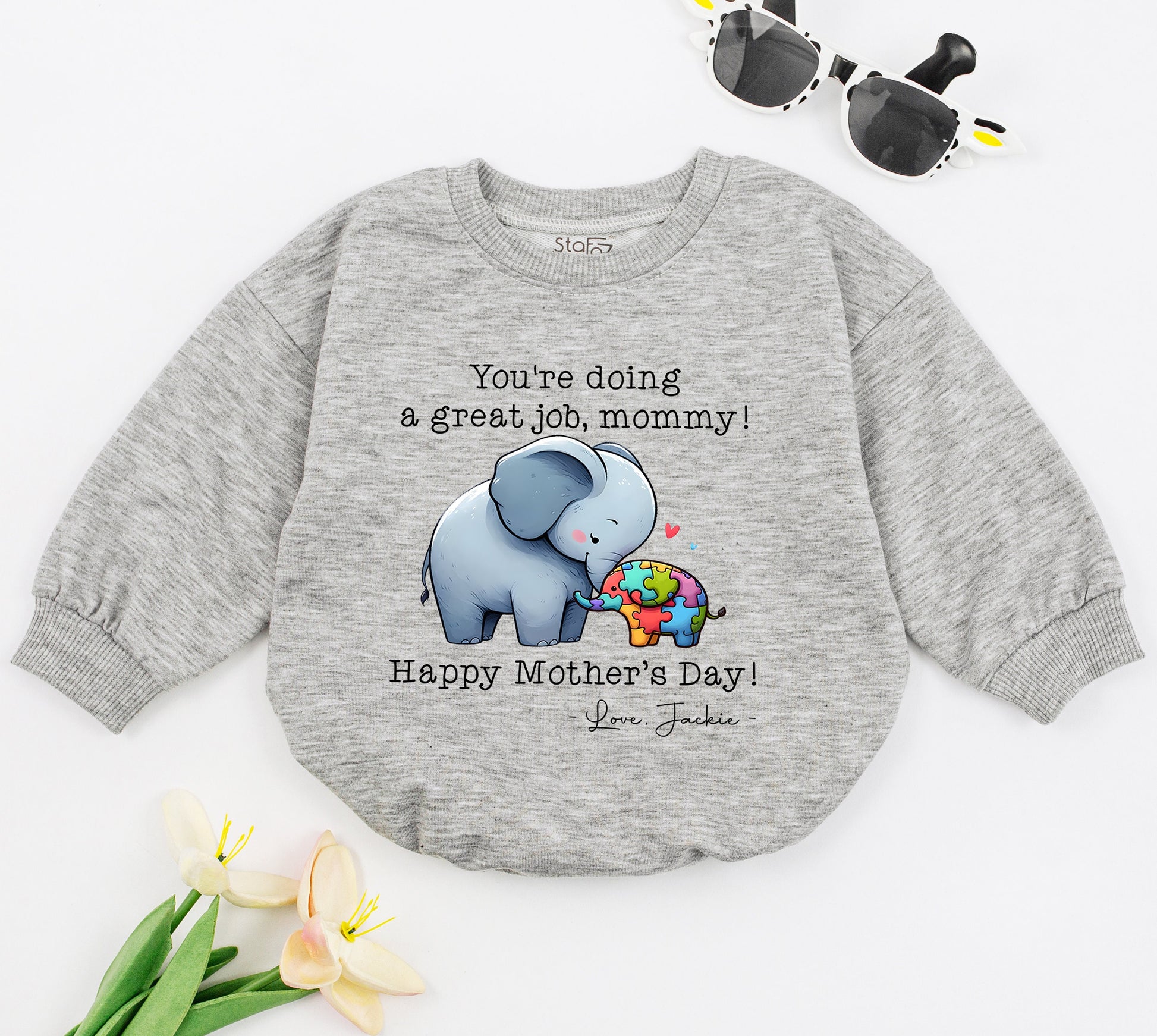 Personalized Mother's Day Elephant Bubble Romper Baby Bodysuit Gift "You're Doing A Great Job Mommy" Colorful Puzzle Design Autism Awareness Cute Infant Outfit