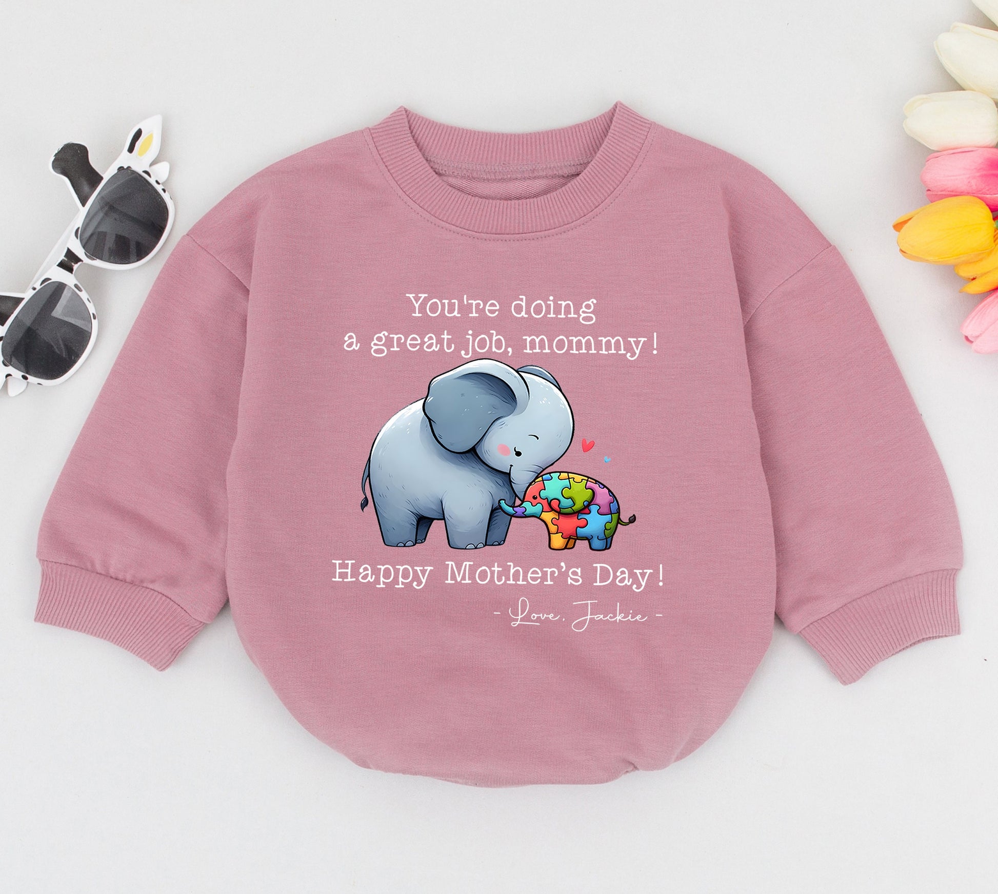 Personalized Mother's Day Elephant Bubble Romper Baby Bodysuit Gift "You're Doing A Great Job Mommy" Colorful Puzzle Design Autism Awareness Cute Infant Outfit