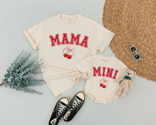 Playful Cherry Mama and Mini Matching Shirts for Mom and Daughter Outfit Mother's Day New Mom Gift Baby Romper Cheerful Design