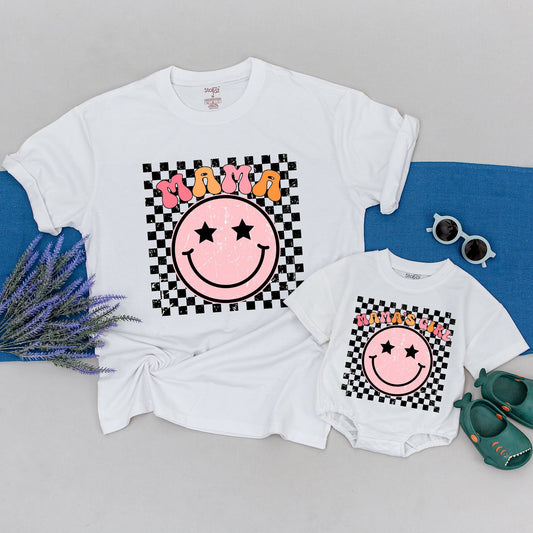 Mommy & Me Matching Retro Black White Checkerboard Pink Star Eye Smiley Mama and Mama's Girl Tee Set New Mom Mother's Day Gift