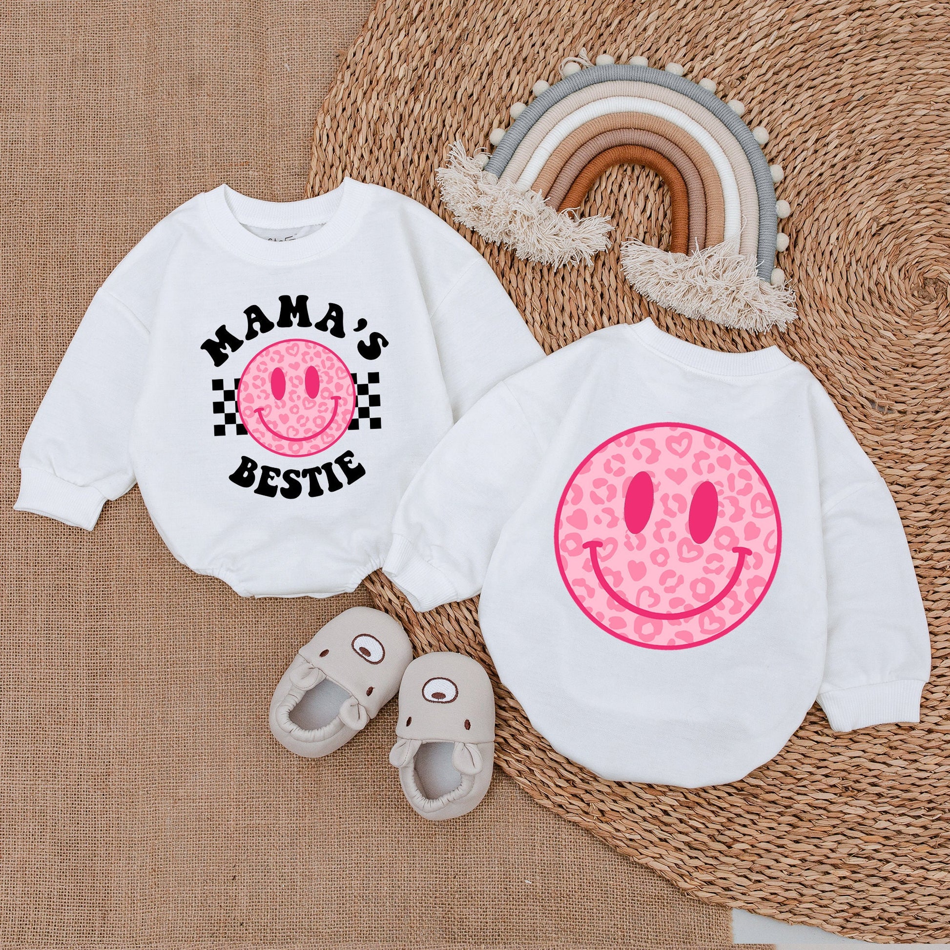Baby Girl Romper Mama's Bestie Pink Smiley Face Leopard Heart Checkered Modern Infant Bodysuit Comfortable Gift Mother's Day