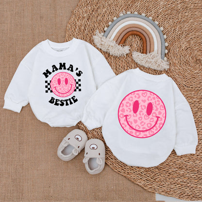 Baby Girl Romper Mama's Bestie Pink Smiley Face Leopard Heart Checkered Modern Infant Bodysuit Comfortable Gift Mother's Day
