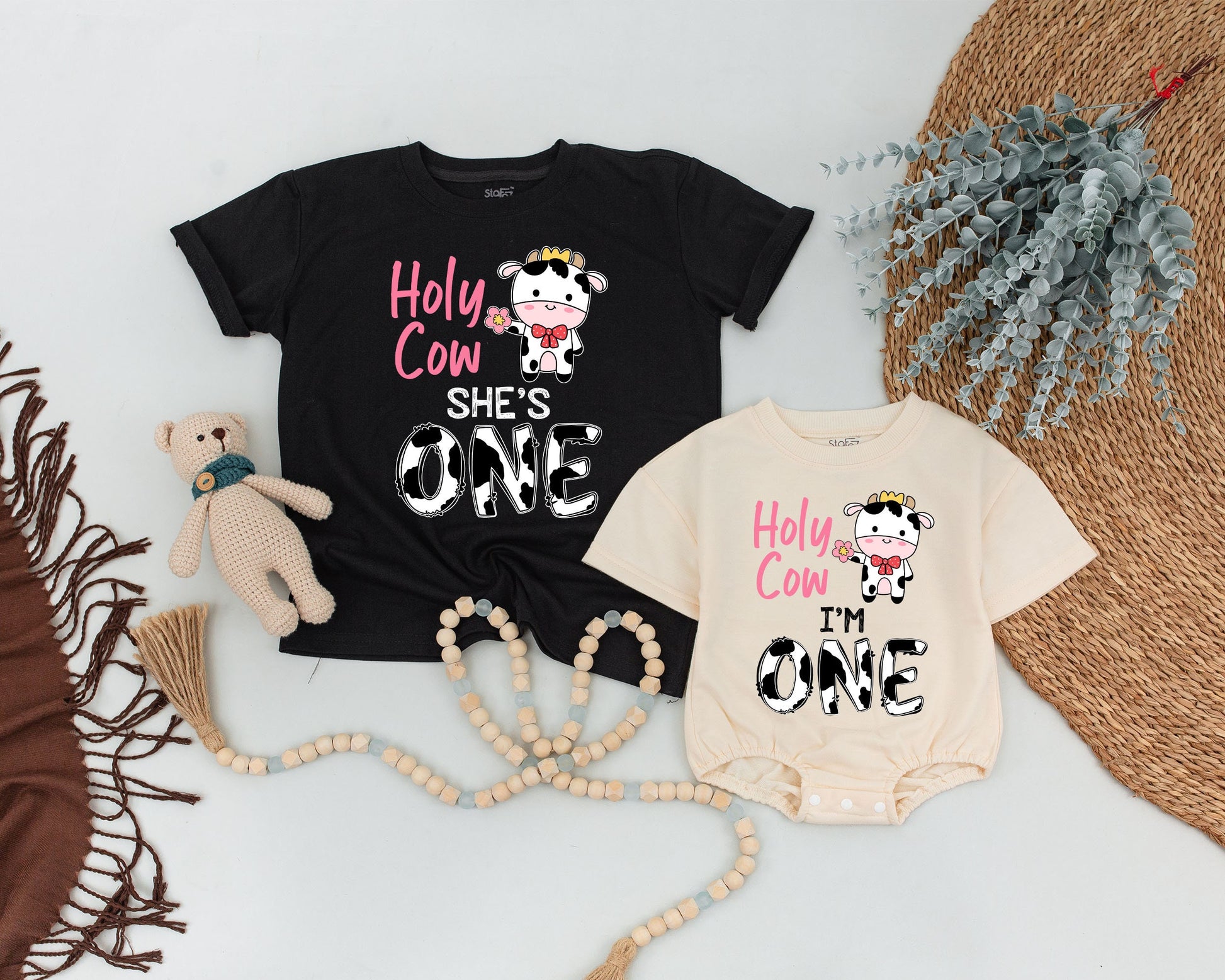Personalized Holy Cow I'm One First Birthday Mommy and Me Family Shirts Cute Farm Cow Print Birthday Girl Outfit Whimsical Crown Flower