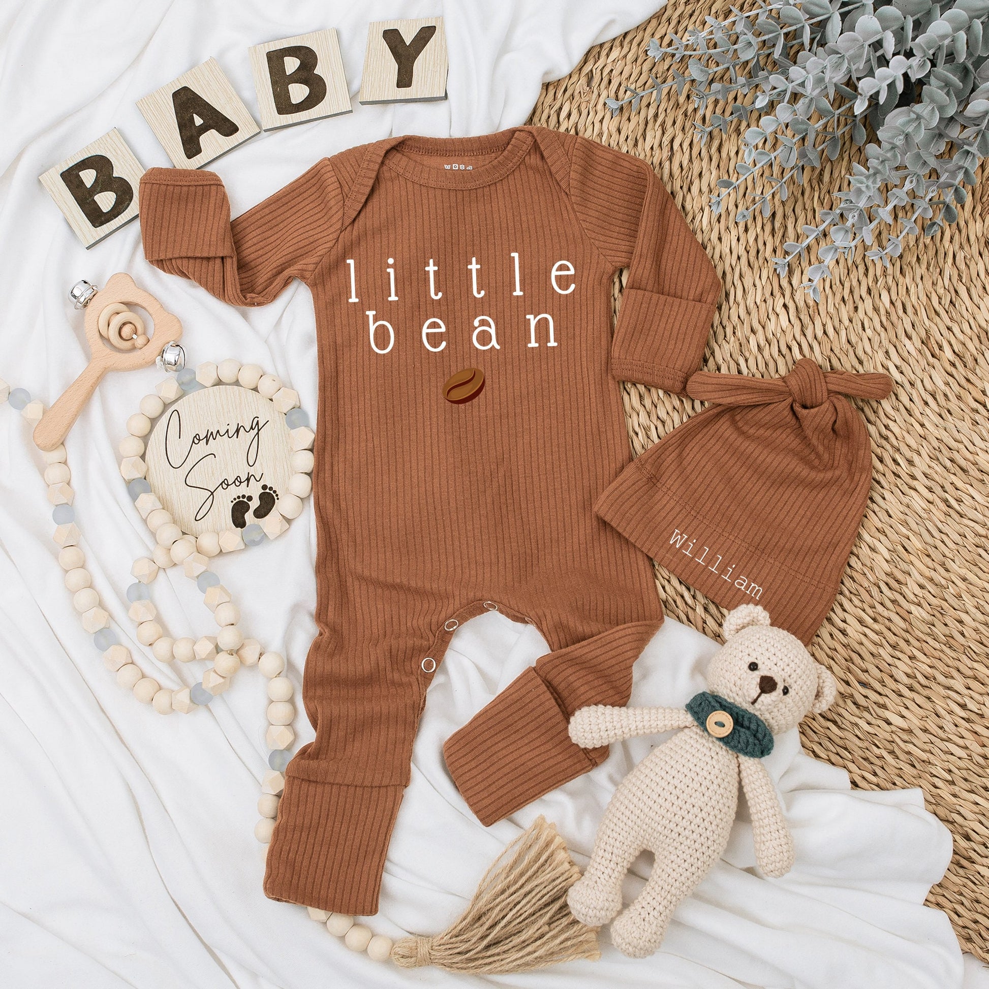 Personalized Little Bean Baby Bodysuit Hat Set with Name Coffee Graphic Unisex Newborn Gift Modern Minimalist Going Home Outfit Keepsake