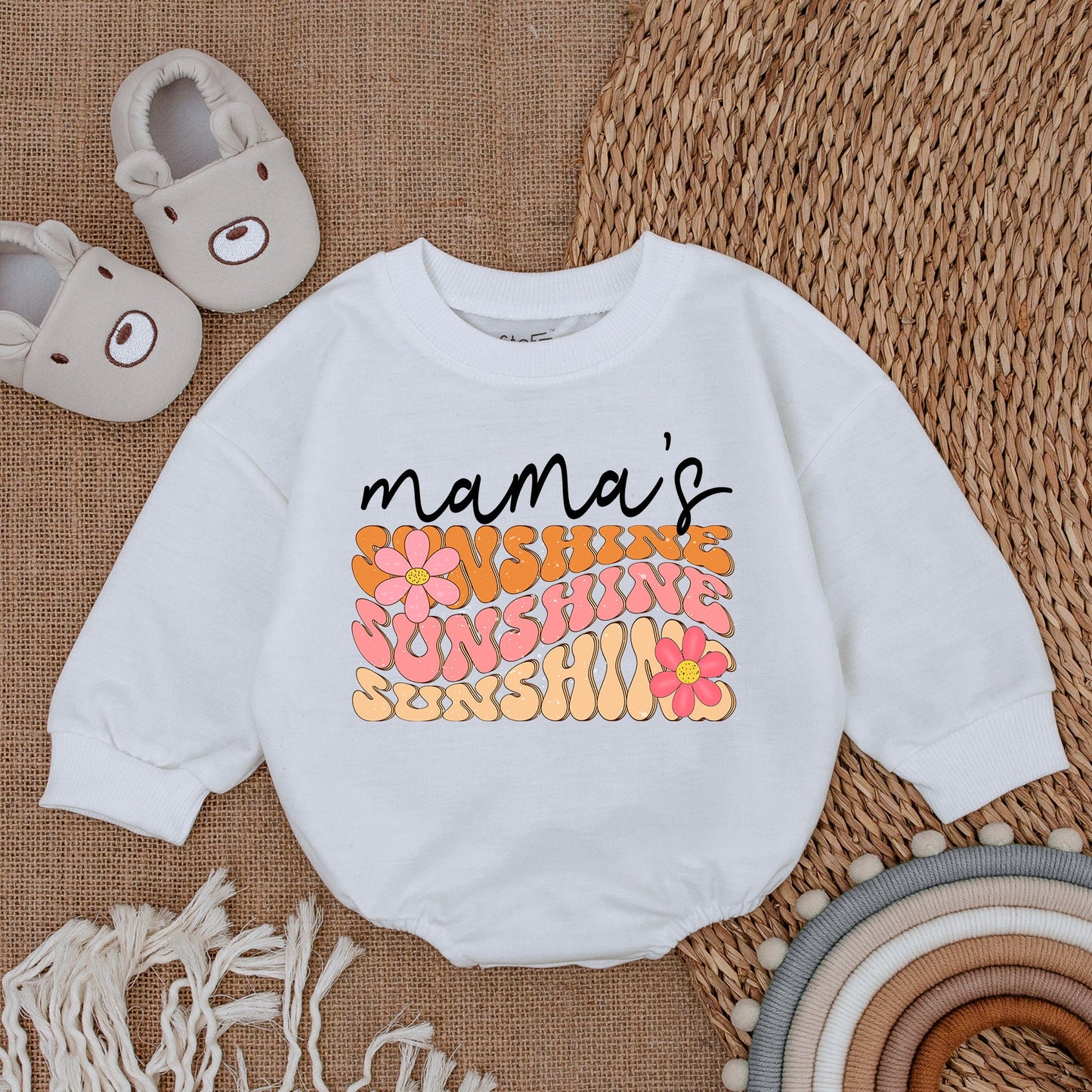 Mama's Sunshine Retro Baby Girl Romper with Pink Flowers Vintage Style Cotton Outfit Playful Bestie Newborn Infant Bodysuit Baby Shower Gift