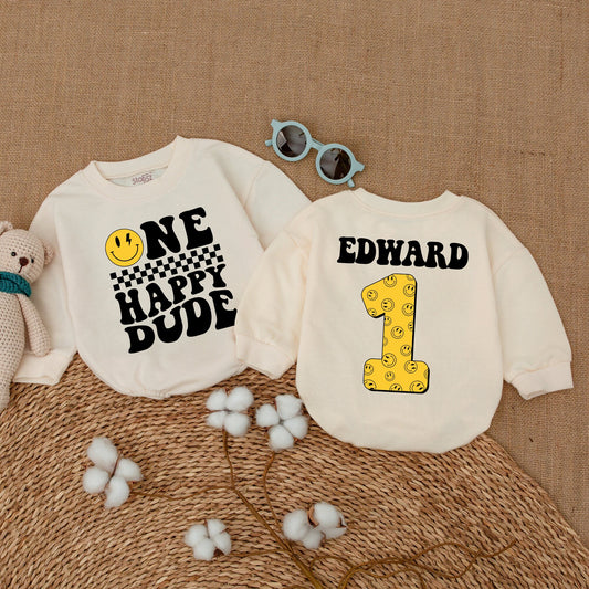 Personalized One Happy Dude Romper Retro 70s Smiley Face First Birthday Outfit Matching Family Cake Smash Newborn Boy Lightning Bolt Gift