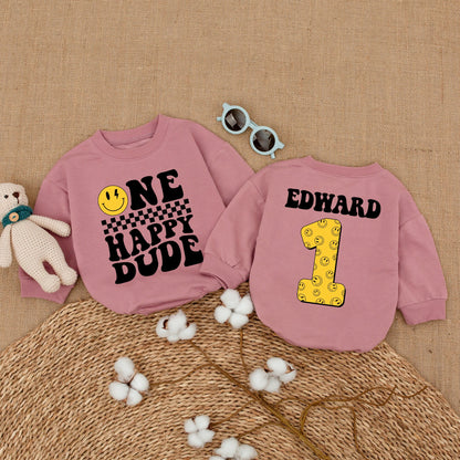 Personalized One Happy Dude Romper Retro 70s Smiley Face First Birthday Outfit Matching Family Cake Smash Newborn Boy Lightning Bolt Gift