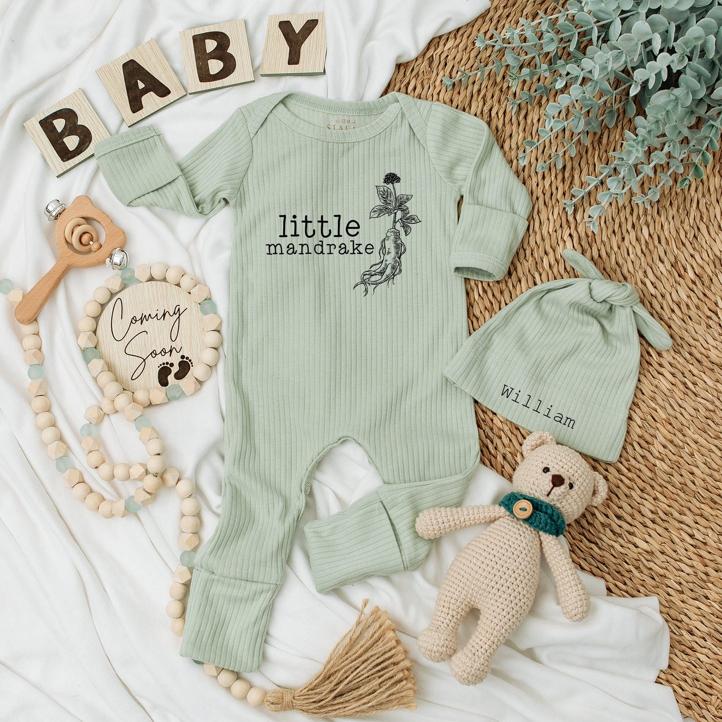 Little Mandrake Personalized Baby Bodysuit and Hat Set William Beanie Magical Wizard Newborn Outfit Unisex Welcome Home Gift Minimalist Plant
