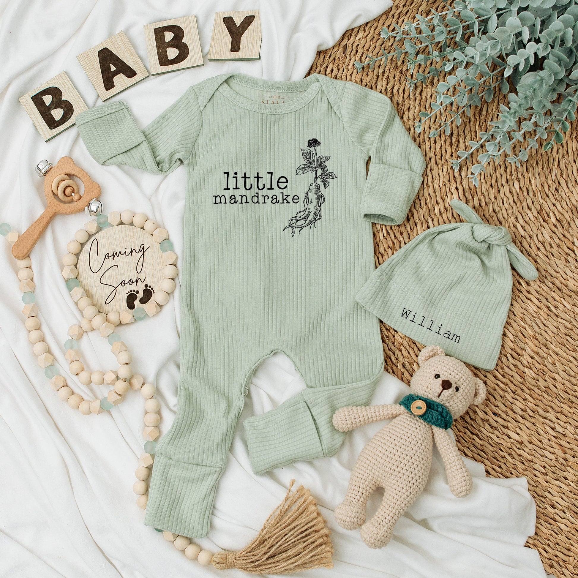 Little Mandrake Personalized Baby Bodysuit and Hat Set William Beanie Magical Wizard Newborn Outfit Unisex Welcome Home Gift Minimalist Plant