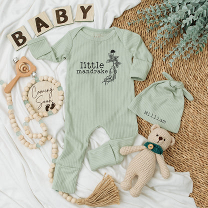 Little Mandrake Personalized Baby Bodysuit and Hat Set William Beanie Magical Wizard Newborn Outfit Unisex Welcome Home Gift Minimalist Plant