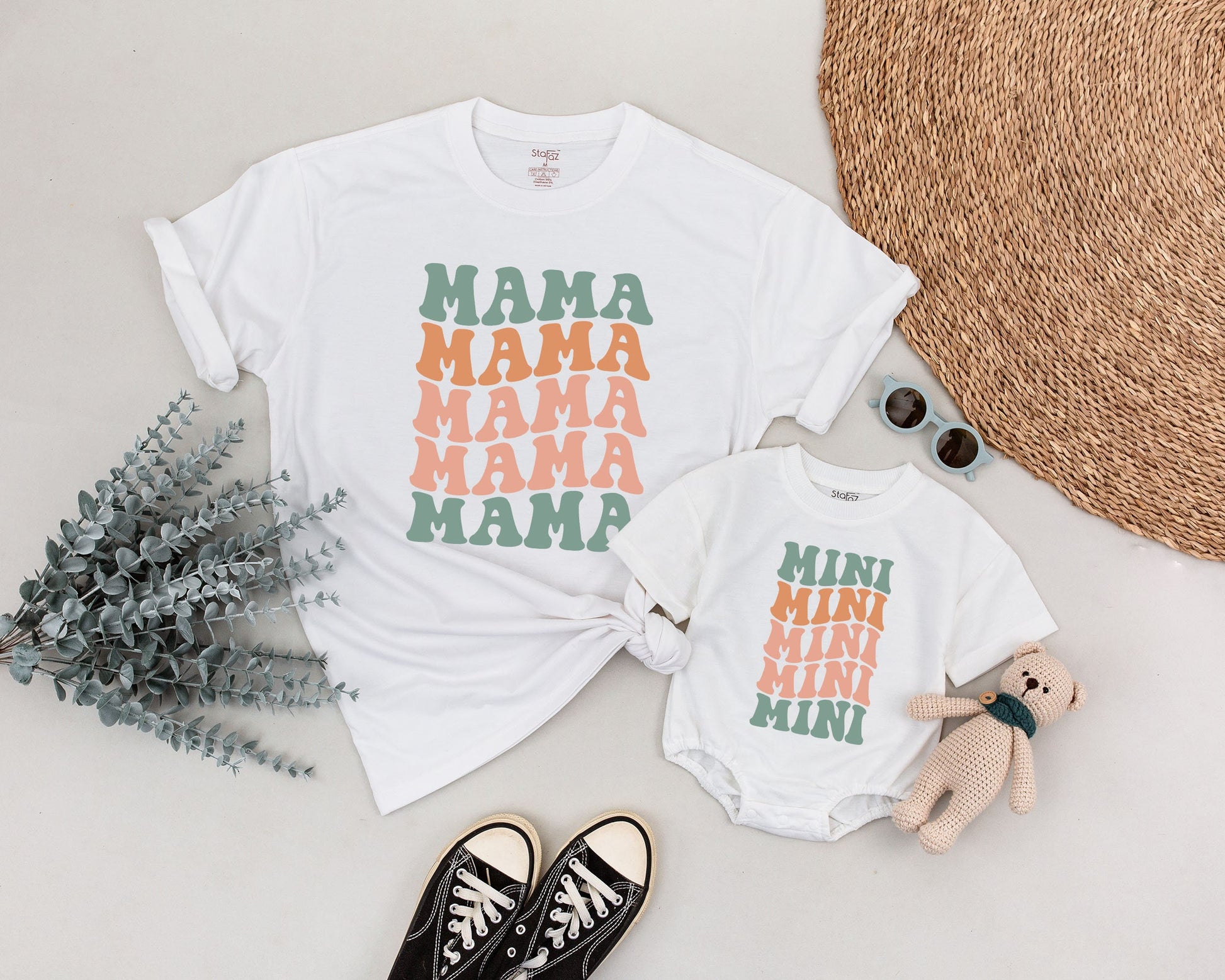 Retro Family Matching T-Shirts Vintage Mama Dada Mini Design Muted Green Pink Orange Soft Cotton New Mom Gift Baby Announcement