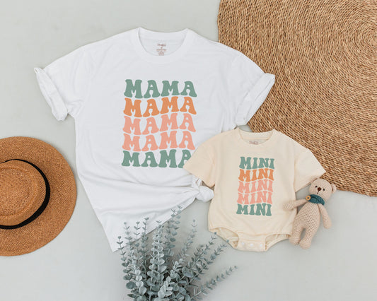 Retro Family Matching T-Shirts Vintage Mama Dada Mini Design Muted Green Pink Orange Soft Cotton New Mom Gift Baby Announcement