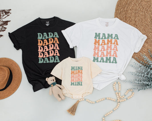 Retro Family Matching T-Shirts Vintage Mama Dada Mini Design Muted Green Pink Orange Soft Cotton New Mom Gift Baby Announcement