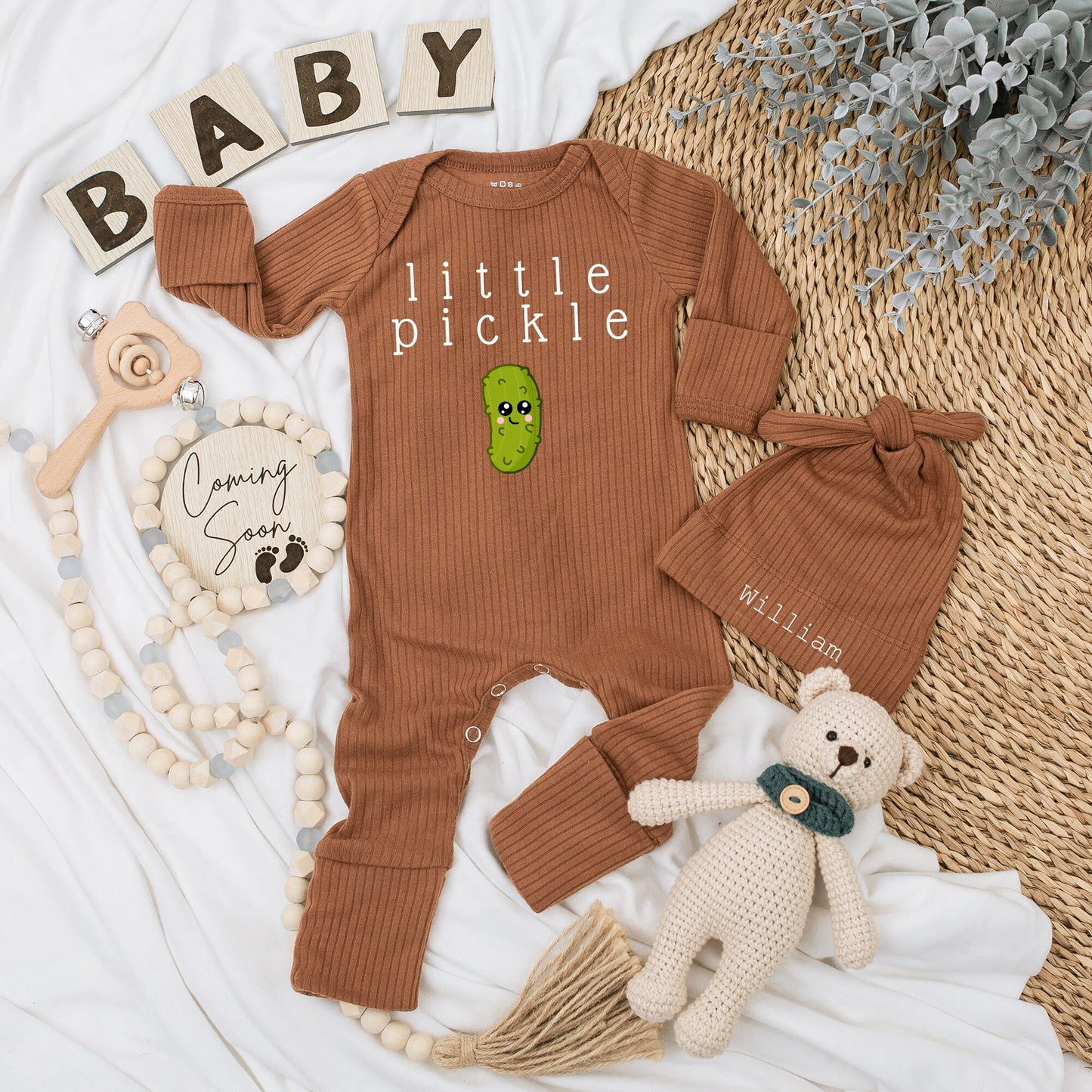 Baby Pickle Outfit - Little Pickle Baby Bodysuit Hat Set Green Pickle Design Unisex Newborn Baby Shower Gift Soft Cotton 