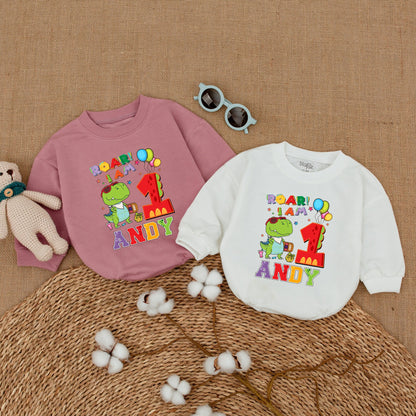 Personalized Roar I Am One First Birthday Dinosaur Romper with Cool Cartoon Dino Design Vibrant Baby Boy Girl Infant Cake Smash Outfit Comfortable