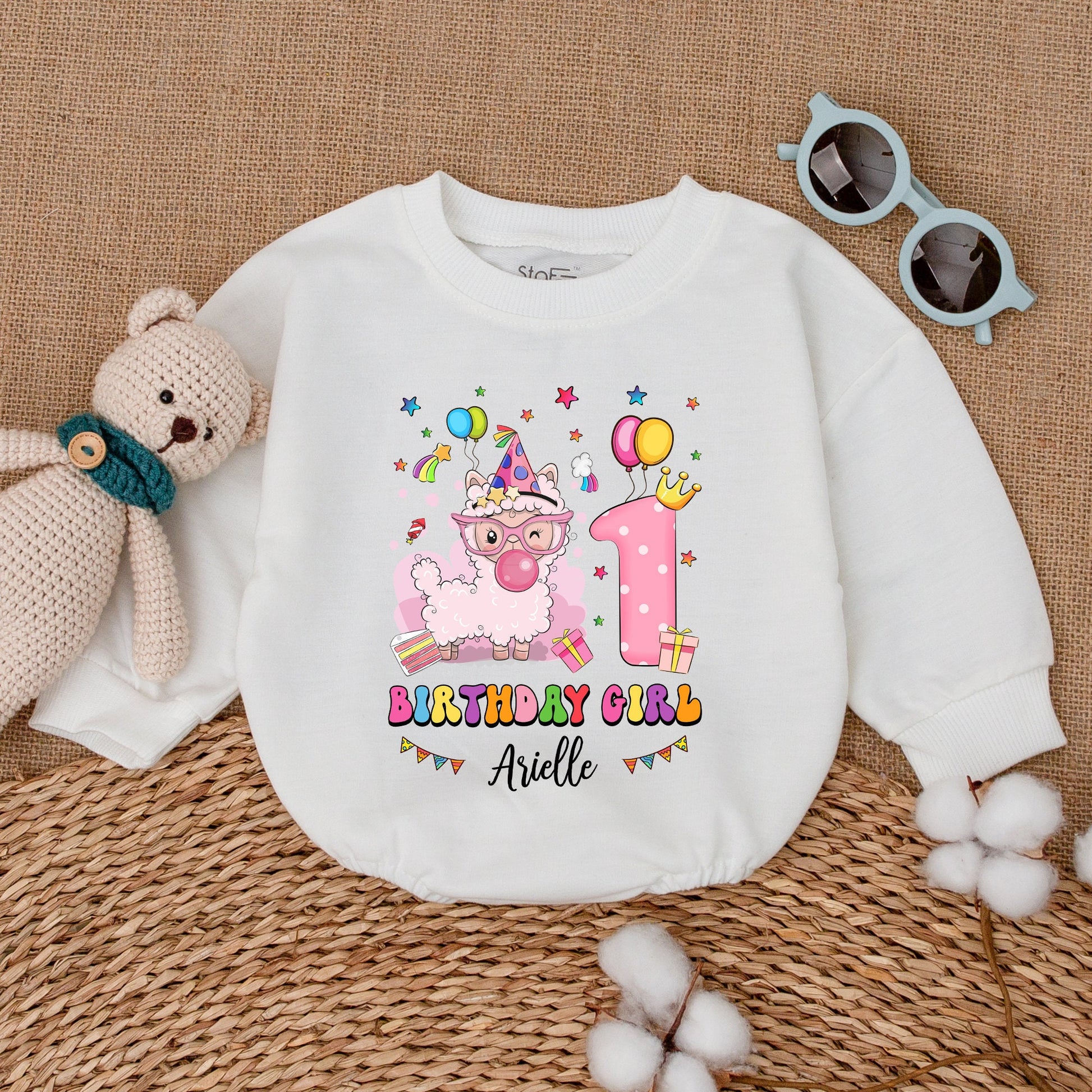 Personalized Pink Llama Birthday Girl First Birthday Romper with Crowned Number One & Name Arielle Cute Bubble Bodysuit Cake Smash Outfit